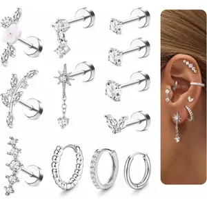 CASSIECA 12Pcs Unisex Steel Helix Piercing Jewellery Set - Casual Daily Wear Metal Coating Flat Back Studs, Flower Hoops, Cartilage Conch Daith Tragus Earrings (Silver, Gold) Summervibes