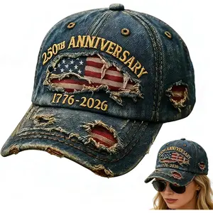 Unisex Distressed Denim Baseball Cap - American-Style Stars and Stripes Hat, USA 1776-2026 250th Anniversary Letter Graphic, UV Protection Casual Trucker, Hand Wash Only Patriot Tribute Gift