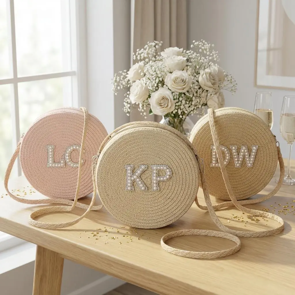 Personalized Round Straw Crossbody Bag with Pearl Custom Bridesmaid Purse Handbag Flower Girl Gift Wedding Party Favor Beach Vacation Bag