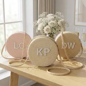 Personalized Round Straw Crossbody Bag with Pearl Custom Bridesmaid Purse Handbag Flower Girl Gift Wedding Party Favor Beach Vacation Bag