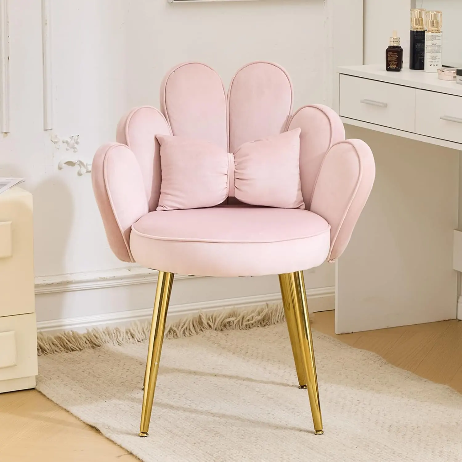VINGLI Petal Backrest Dressing Table Stool with Bow Cushion - Armless Modern Vanity Accent Chair, Durable Seating for Living Room Reading (Assembly Required),dorm essentials,home decor