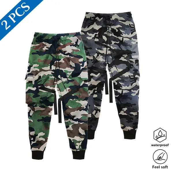 2-pack men’s camouflage cargo jogger pants, waterproof soft fabric, drawstring elastic waistband, multi pockets with ribbon detailing, hip-hop street sweatpants, loose functional camo joggers, suitable for skateboarding and everyday city wear