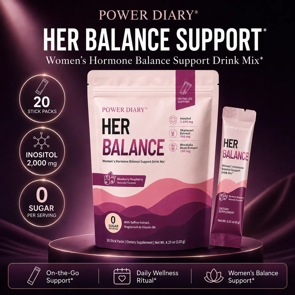 Power Diary Hormonal Support Drink Mix,20 Travel Packets,Shatavari,Myo-Inositol, Rhodiola Rosea,Saffron,Magnesium, Vitamin B6,Hormone Balance for Women, Inositol Powder