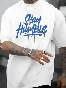 Blue Dripping Letter Graphic, Casual Short Sleeve Round Neck Summer Top, Machine Washable Relaxed Fit Tee for Men & Teens funk  volume  shirt Cotton Menswear apparel Soft T-Shirt