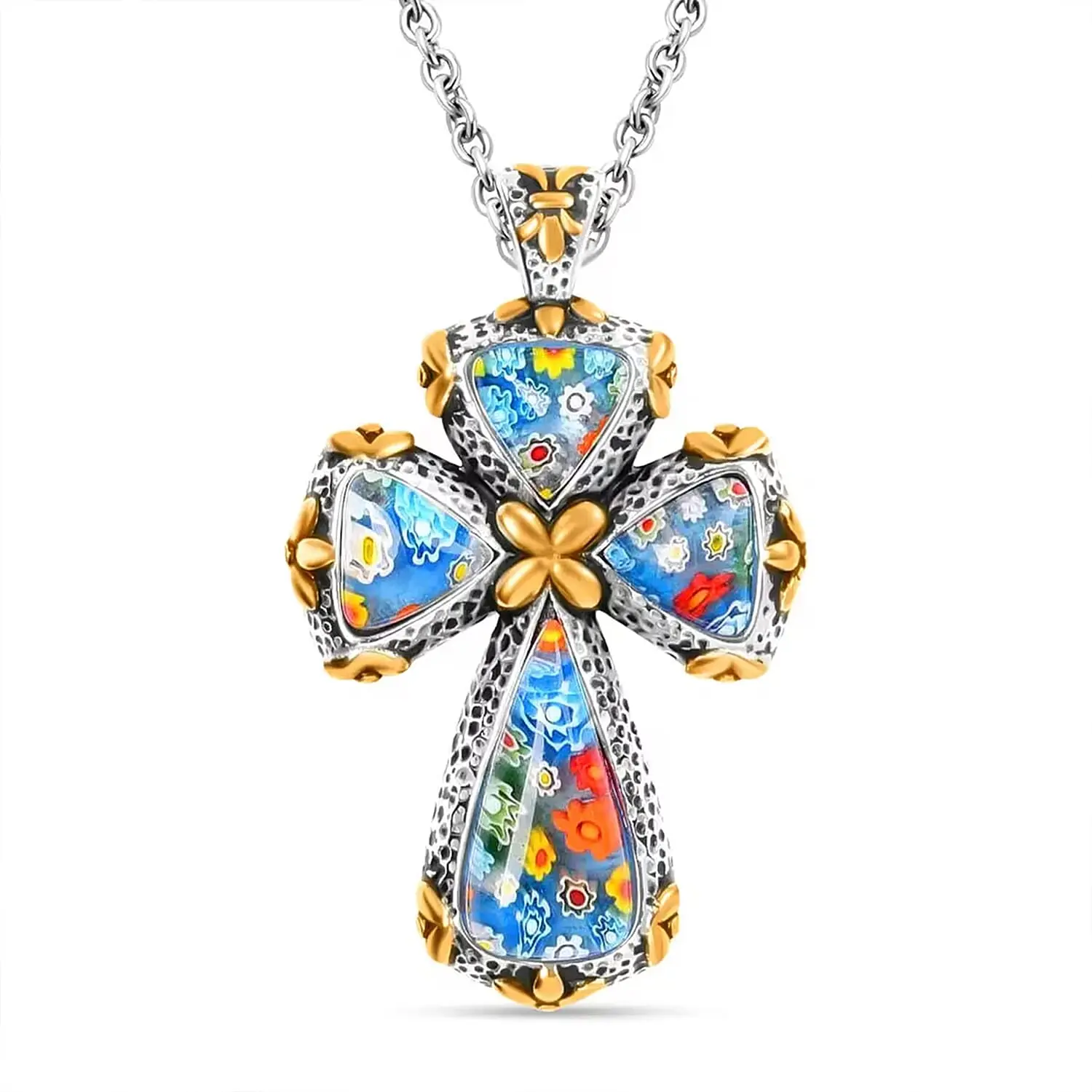 Murano Style Cross Necklace For Women in ION Plated YG Stainless Steel, Cross Pendant