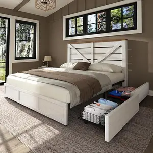 [Brandday][Memorialday] AMERLIFE Farmhouse Bed Frame with 4 Drawers, Wooden Storage Bed Frame with Headboard and Heavy Duty Metal Slats, Noisy Free, Easy Assemble
