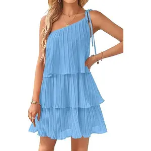 ZESICA Women's Boho Summer One Shoulder Sleeveless Ruffle Tiered Layered Chiffon Pleated A Line Flowy Mini Dress