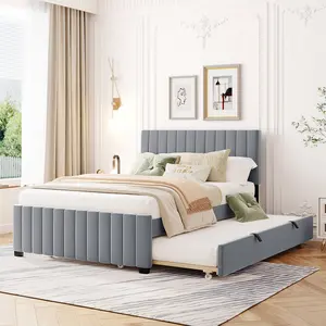 Full Size Upholstered Platform Bed Frame with Twin Size Trundle, Velvet Bed Frame with Headboard, No Box Spring Needed