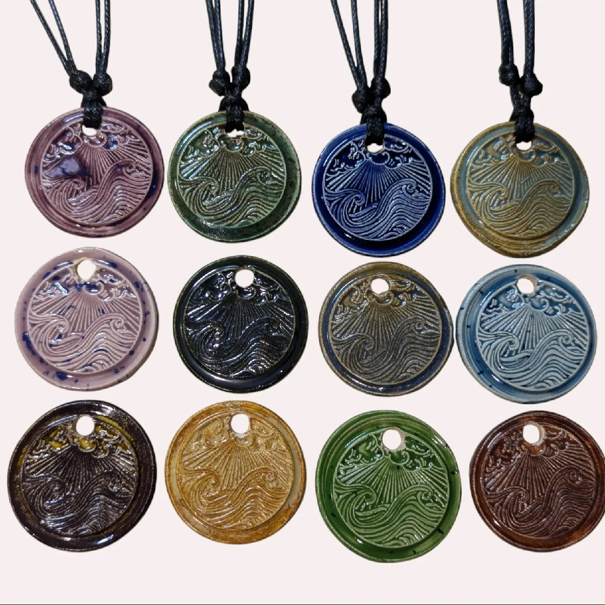 Handmade Ceramic Ocean Waves Faux Wax Seal Pendant Y2K Boho Hippie Whimsical Choker Adjustable Black Corded Necklace Clay Charms Jewelry