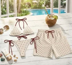 [Hot Summer 2026] - Couple Cream Polka Dot Bikini Set and Hawaiian Shorts, Sweet Matching Summer Beach Outfit