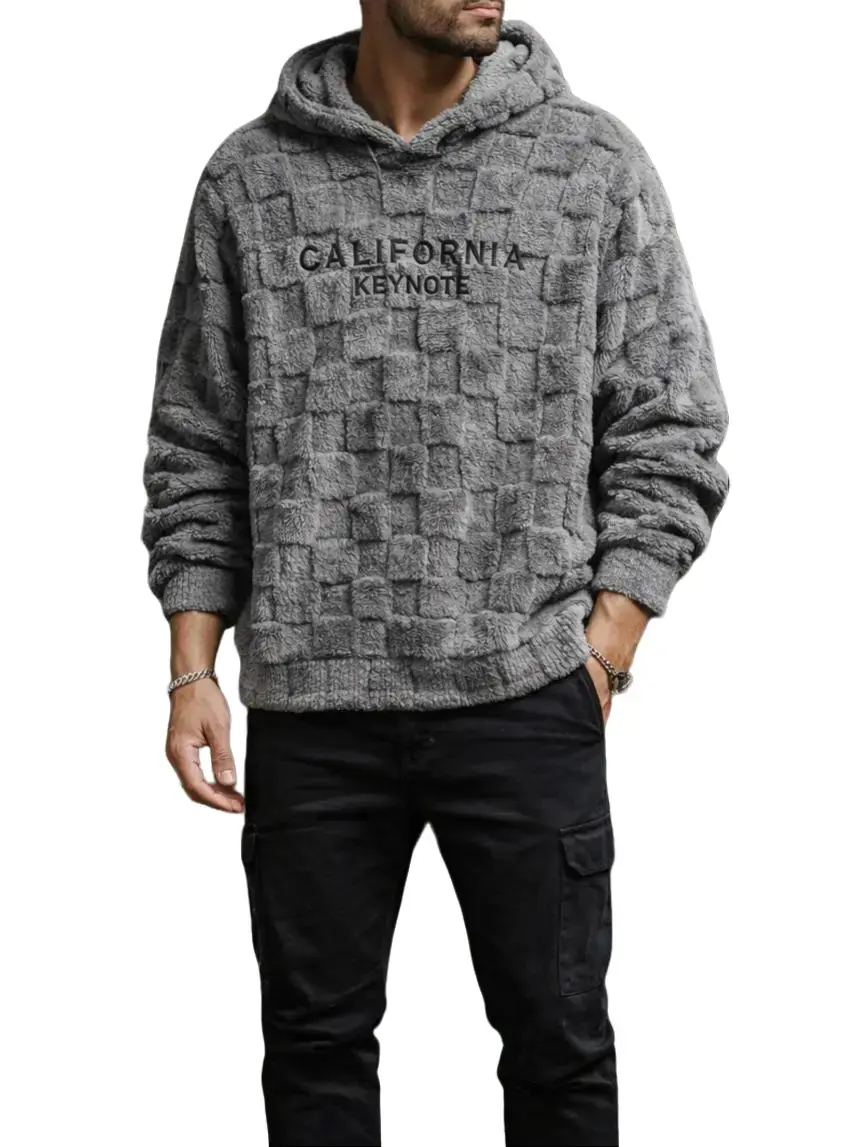 Men's Casual Oversized Pullover Hoodie with Letter Embroidery, Long Sleeve Textured Stretch Fleece Sweatshirt for Christmas, Tops, Fabric, Relaxed Fit, Fuzzy