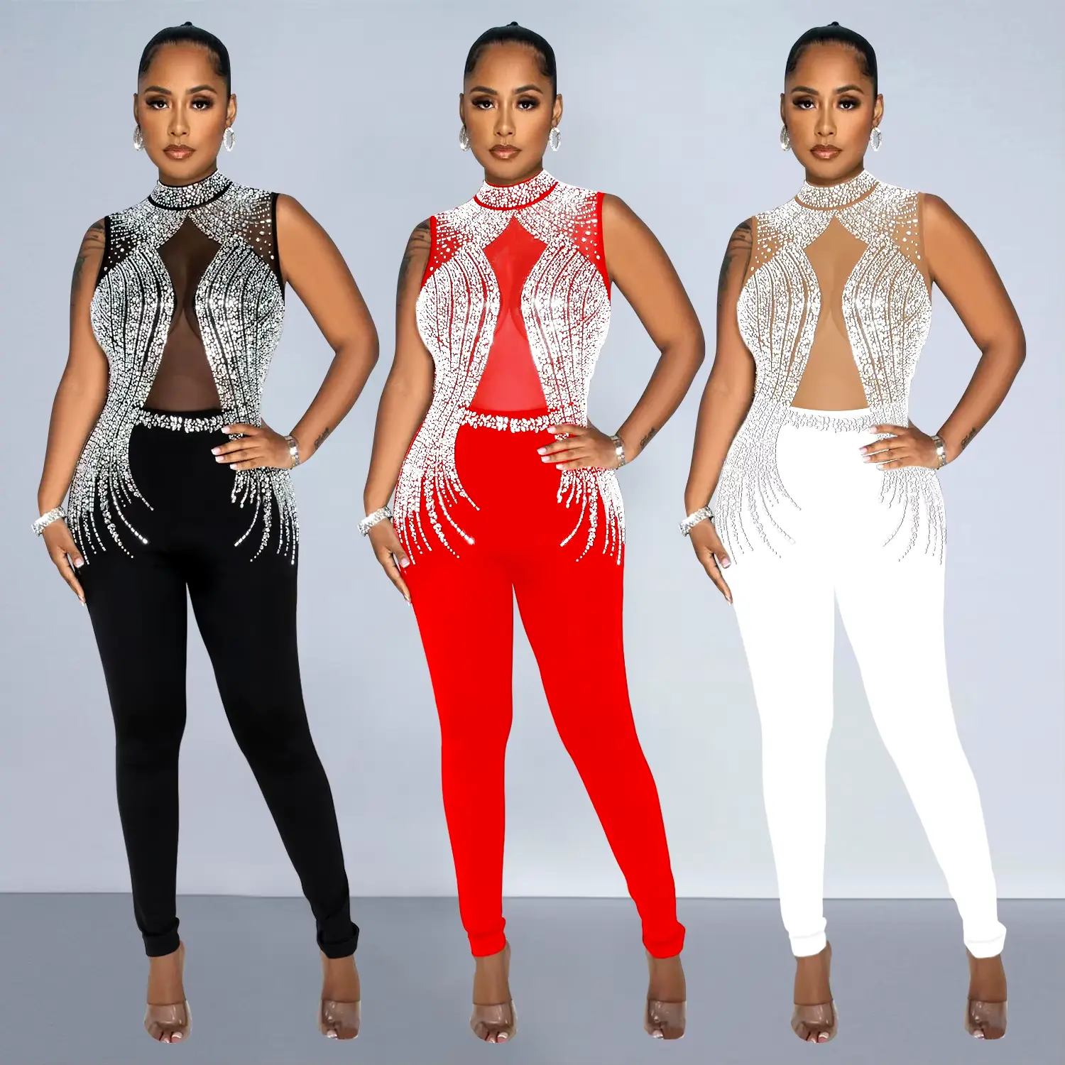 Diamond Patchwork Sleeveless Jumpsuit  BKLD