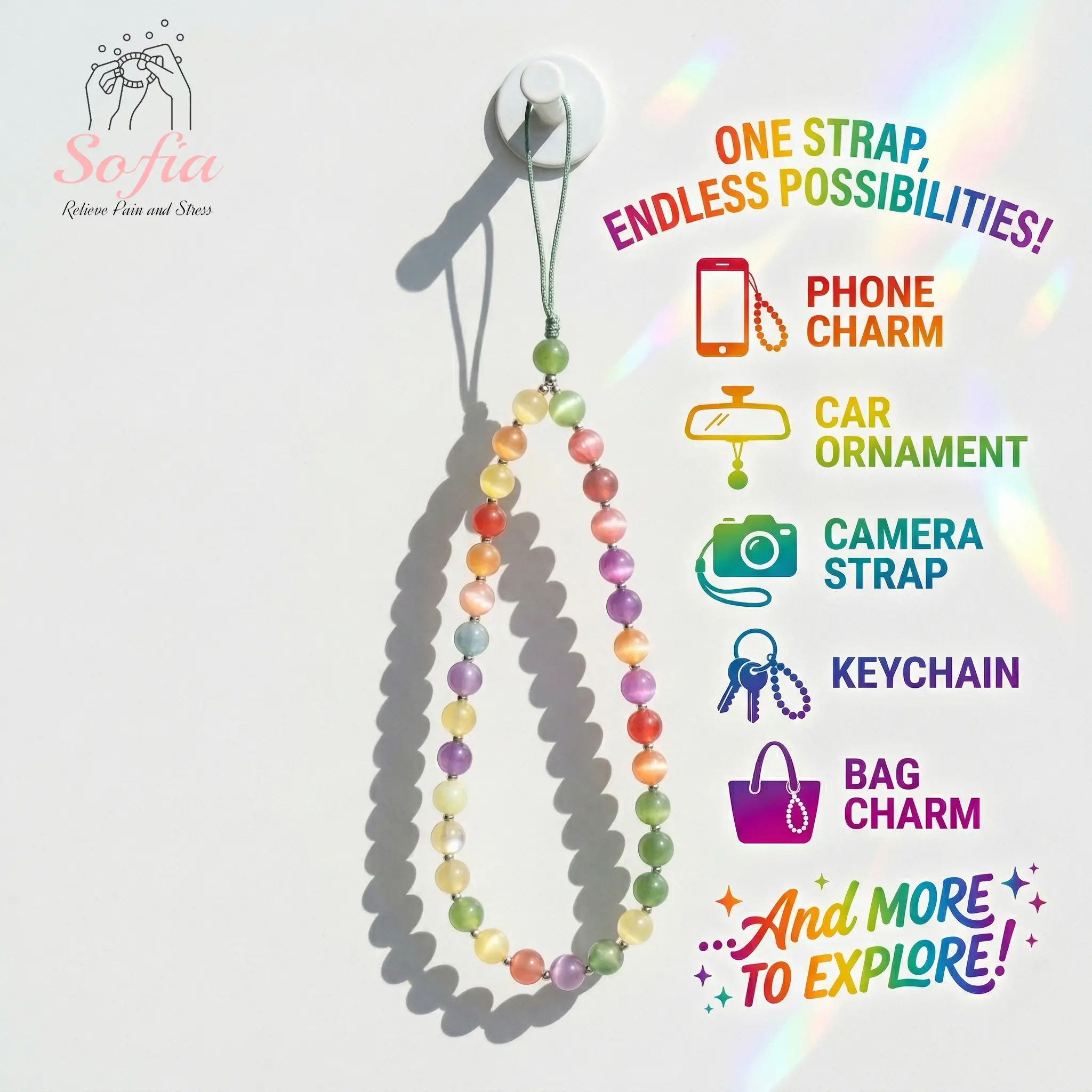 Dopamine Phone Charm - Rainbow Beaded Phone Strap - UV Reactive Ornament, Keychain, Camera Bag Charm, Weather Adapting Summer Accessory