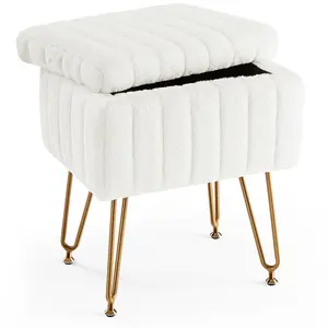 Vanity Stool with Storage Soft Padded Makeup Footstool Ottoman Seat with Metal Legs Adjustable Feet Cute Footrest for Bedroom and Entryway Modern Furniture 10L Hidden Storage 360° Swivel