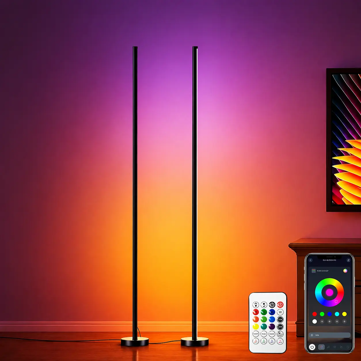 Rroetxi RGBIC Corner Floor LED Light - Smart Bright Tall Lamp with App & Remote Control, Adjustable RGB Lighting, Music Mode & Timer, Modern Mood Lighting for Living Room, Bedroom, Aesthetic House Decor , summerwins, Floor Light, Rgb Light Effect