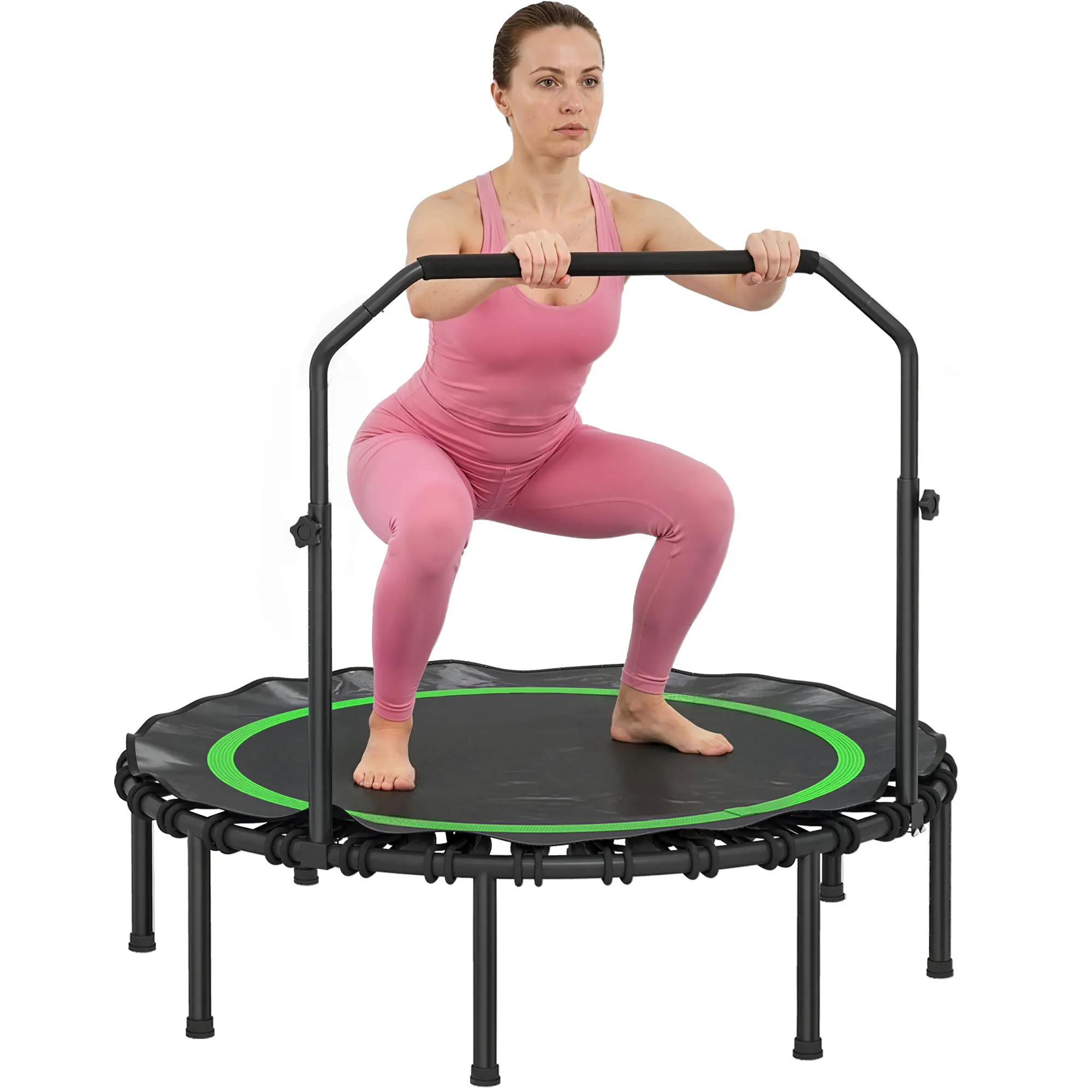48" Foldable Fitness Trampoline for Adults, Portable Steel Frame Rebounder with Adjustable Handlebar for Safe Home Cardio, Quiet Bungee System, Supports 440 lbs, Safe Exercise, Home Workouts, Compact Fold, Anti-Slip Foam Grip, U-Shaped Bars, Cardio Traini