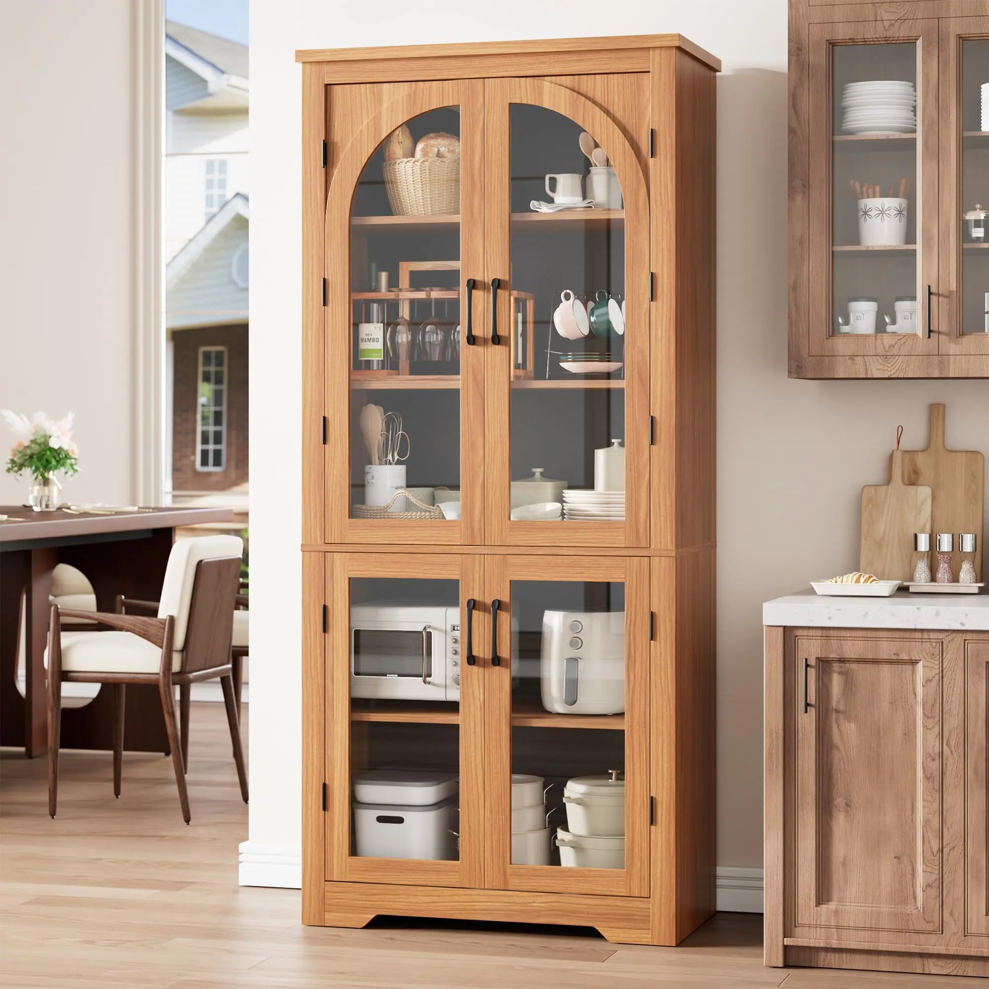 Versatile 70" Modern Kitchen Pantry Cabinet with 4 Arched Glass Doors – Adjustable Shelves, Food Storage Organizer for Kitchen, Dining, Living Room, Bathroom – Durable MDF, Black Wood Grain Finish