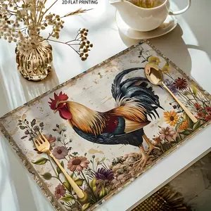 2D flat printing, 2-piece/4-piece/6-piece/8-piece set of farmhouse rooster placemats, rustic chicken pattern placemats, farm heat-resistant placemats, rural retro floral table mats, suitable for kitchen, indoor restaurant desktop decoration