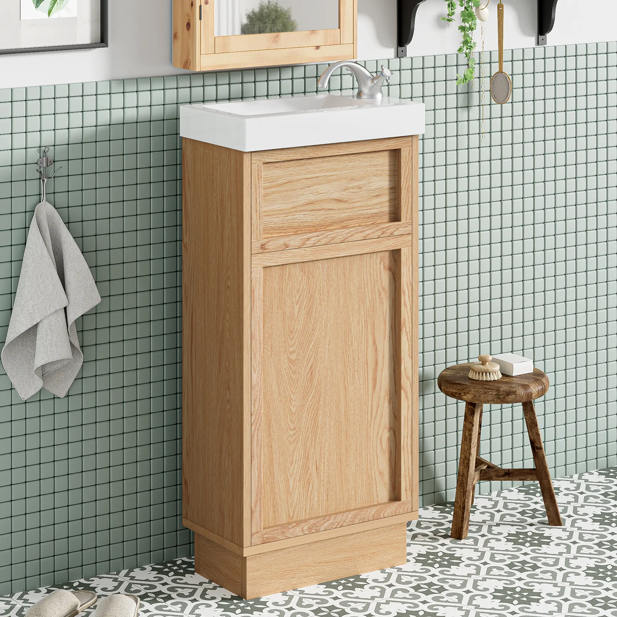 16" Small Bathroom Vanity with Sink, Narrow Depth Bathroom Vanity with Adjustable Shelf & Storage Rack, Wooden Bathroom Cabinet with Reversible Door and Sink, Natural