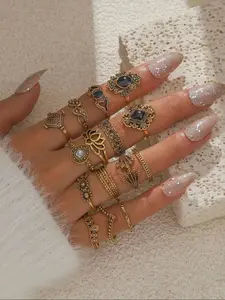 Vintage Exaggerated Hollow Out Carved Flower & Leaf Shaped Ring Set, Fashion Artificial Gemstone Decor Ring for Women, Daily Wear Jewelry Accessory