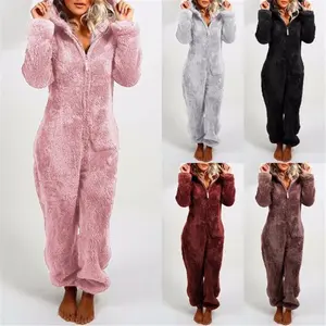 Women Plush 3D Ear Hooded Long Sleeve Jumpsuit Pajamas, Suitable For Autumn/Winter S-5XL