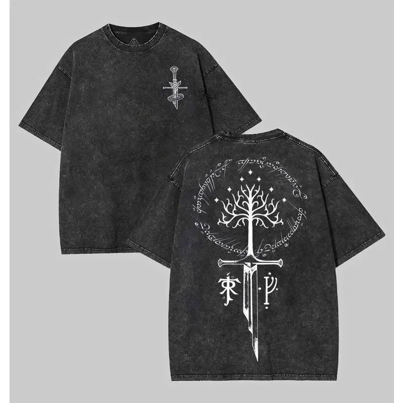 Lord of the Rings Gondor Tree of Life & Aragorn Sword Anduril Vintage Washed T-Shirt - Heavyweight Cotton Oversized Streetwear Tee - Aesthetic Middle Earth Graphic Gift for LOTR Fans
