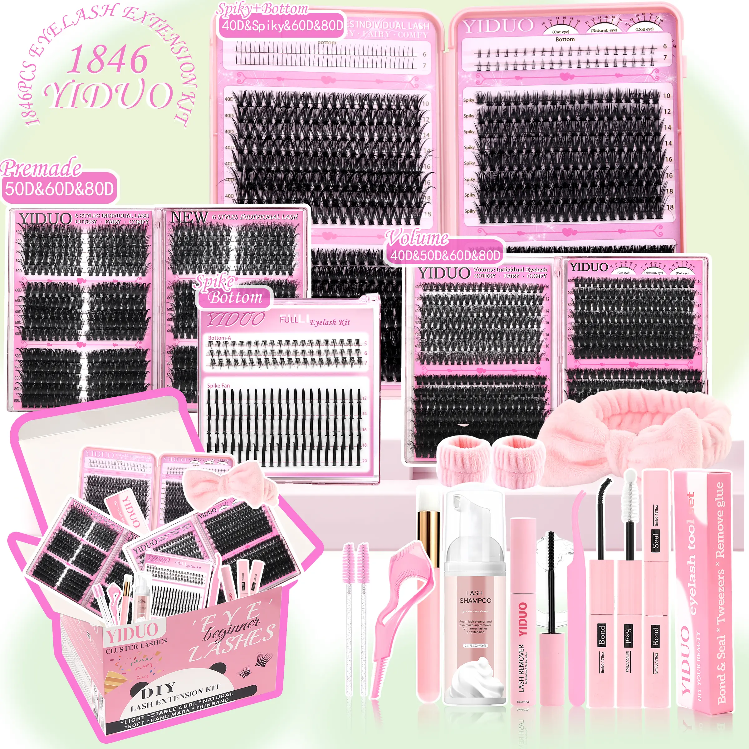 YIDUO Lash Clusters Kit 1846Pcs Mix Styles, False Eyelashes Kit, Diy Eyelash Set, Diy Volume Eyelashes, Dramatic Lashes, Volume/ Spikes Eyelash Clusters Extensions Kit With Bond and Seal makeup tools for Beginners, DIY at Home, Cosmetic