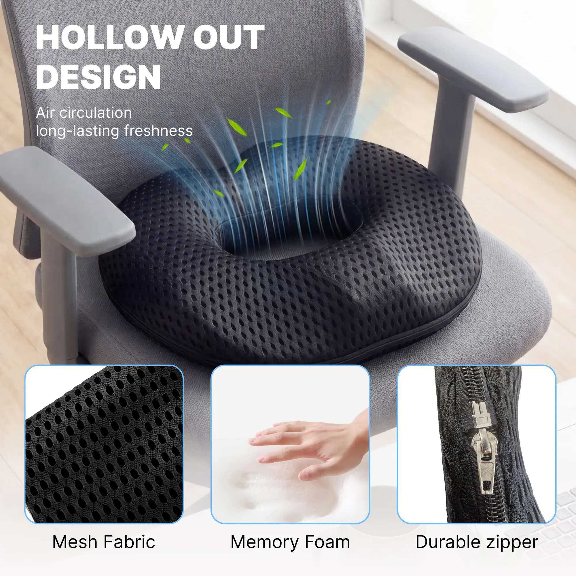 Ergonomic Hollow Memory Foam Donut Seat Cushion with Mesh - Easy to Clean, Pressure-Relief for Office Workers, Drivers, Pregnant Women, Office Chair, Car Seat, Hip & Tailbone Support, Long Sitting Relaxation