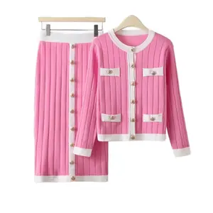 Boss Laura 2 Piece Set - Pink Ribbed Knit Cardigan & Skirt Set with Gold Buttons and White Trim