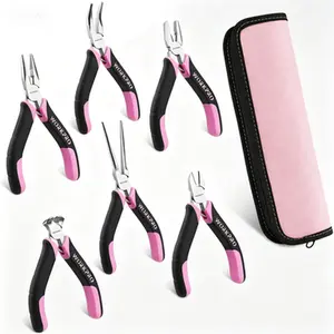 Mini Pliers Set 6-Piece, Precision Needle Nose, Long Nose, Bent Nose, Diagonal, End Cutting, Linesman Pliers for Craft Work, Electronic Repair, Jewelry Making, with Storage Pouch, Pink Ribbon