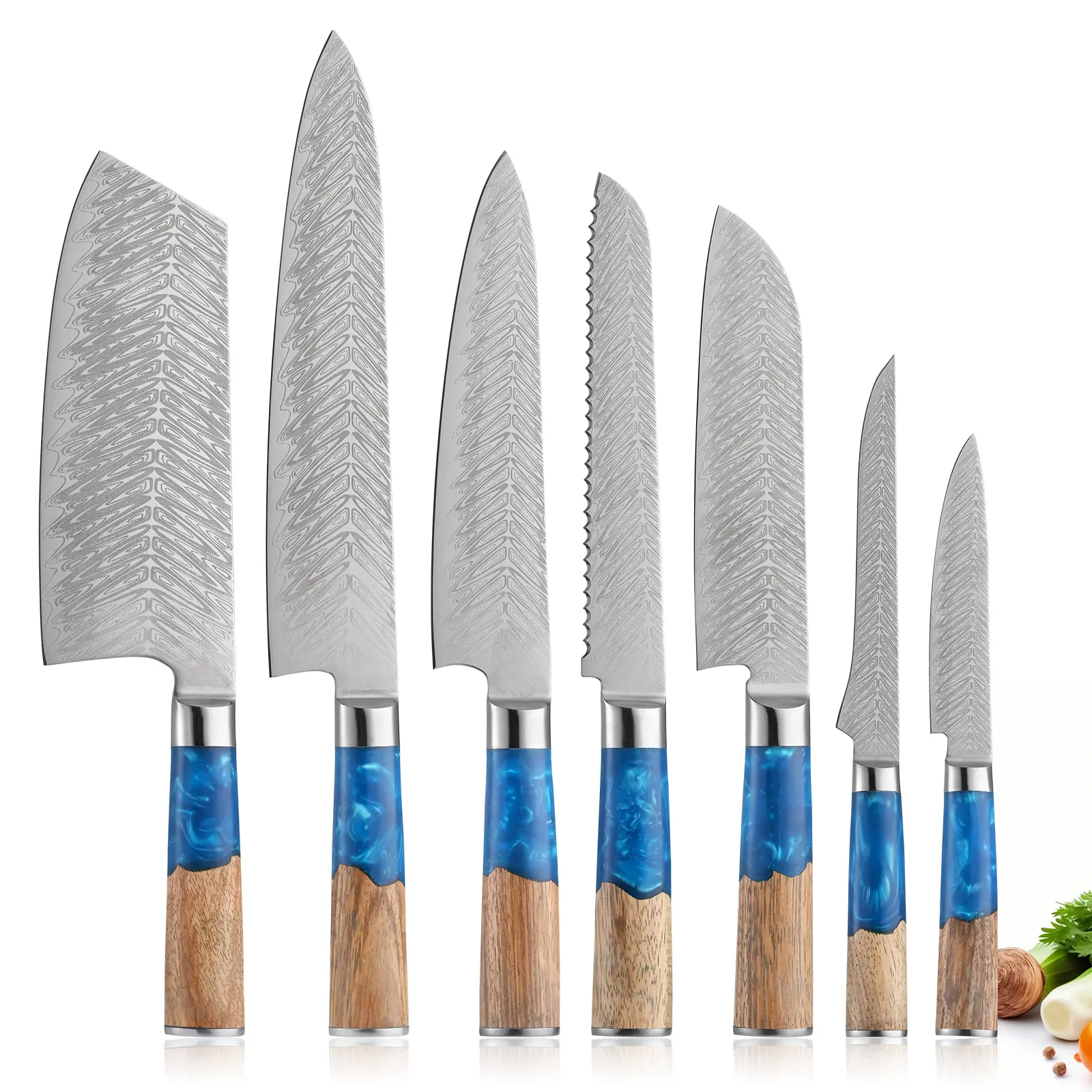 3-Piece/7-Piece Blue Resin Handle Damascus Style Chef Knife Set - Professional Multifunctional Kitchen Tools, High-End Set, Gift Ideas for Kitchen Needs