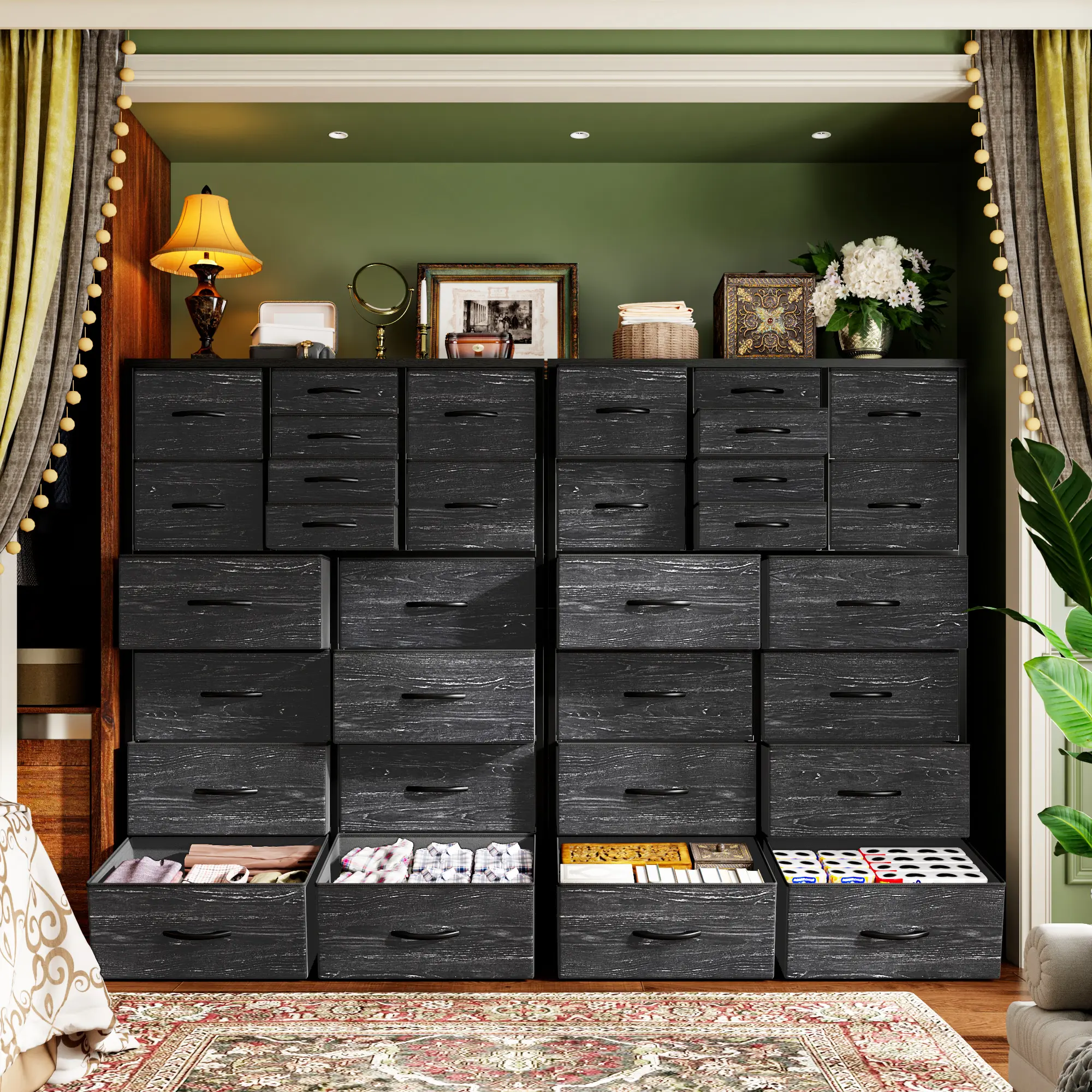 RaybeeFurniture 16 Drawer Tall Dresser for Bedroom, Fabric Storage Tower for Closet, Hallway, Entryway, Closet, Tall Chest Organizer Unit with Fabric Bins, Steel Frame, Wood Top, Easy Pull Handle, Black Wood Grain Print, Easy to Assemble & Clean