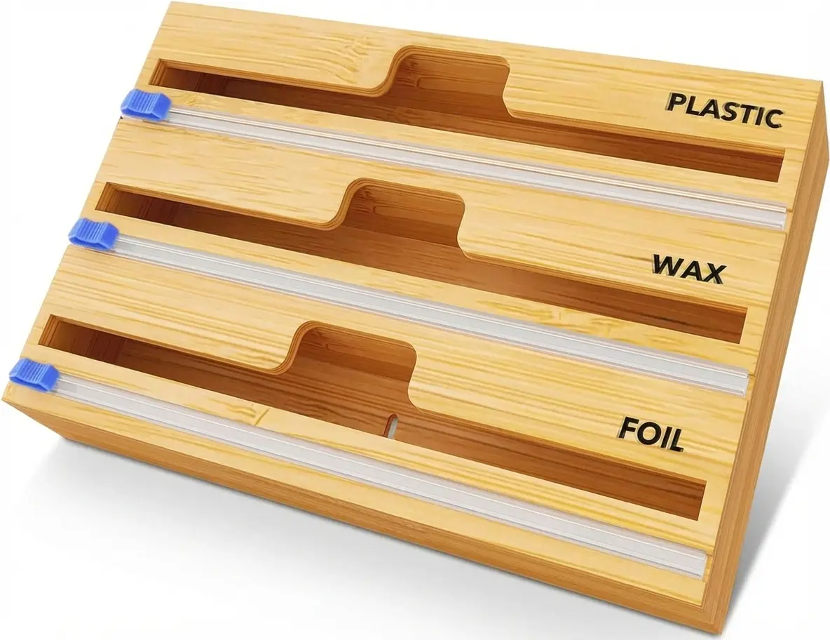Foil and Plastic Wrap Organizer with Kitchen Aluminum Foil Holder, Cling Plastic Wrap Dispenser with Cutter and Labels, Bamboo Kitchen Wrap Organizer