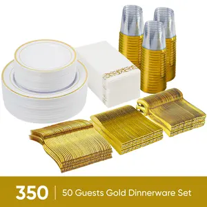 Kerilyn 350/700 Pcs Plastic Plates Disposable Silverware and cups, Disposable Party Plates for 50 Guests, Include: 100 Plastic Plates, 50 Pre Rolled Napkins with Gold Silverware, 50 Cups