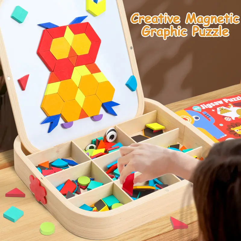 Edutree Wooden Jigsaw Geometric Puzzle, Creative Magnetic Puzzle Toys, Geometric Building Block Puzzle, Shape Cognition & Fine Motor Skills Training, Birthday Halloween Gifts For Boys Girls, Mother's Day