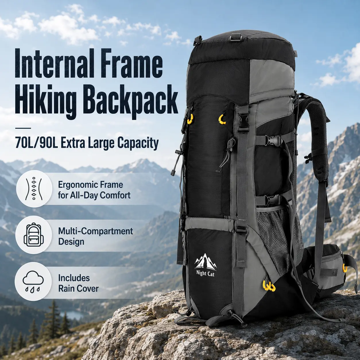Night Cat 90L Internal Frame Hiking Backpack for Women and Men, Waterproof & Tear-Resistant with Rain Cover, Ergonomic Customizable Fit & Breathable Mesh, Backpacks For Women