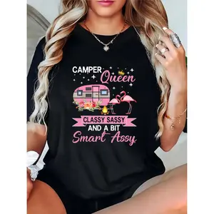 Women's Camper Queen Graphic T-Shirt – Pink Flamingos, Campfire, Floral Design | Classy Sassy Casual Camping Travel Tee for Camper Enthusiasts 100% Cotton T-shirt