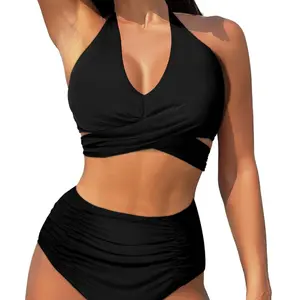 Women's bikini set, high-waisted, tummy-control two-piece, halter neck cross-strap swimsuit