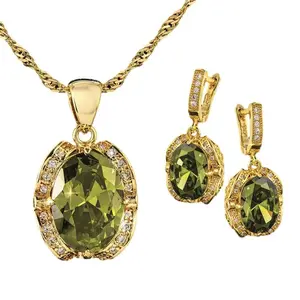 Olive Green Jewelry Necklace Set For Women 18K Golden Plated Necklace Earrings Holiday Gift Box with Elegant Design