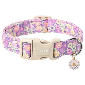 DOGWONG Purple Flower Dog Collar, Adjustable Cute Daisy Collar for Small to Large Dogs - Adjustable Cotton Puppy Accessory for Male Female Dogs