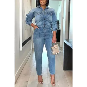 Pocketed Button Down Denim Jumpsuit