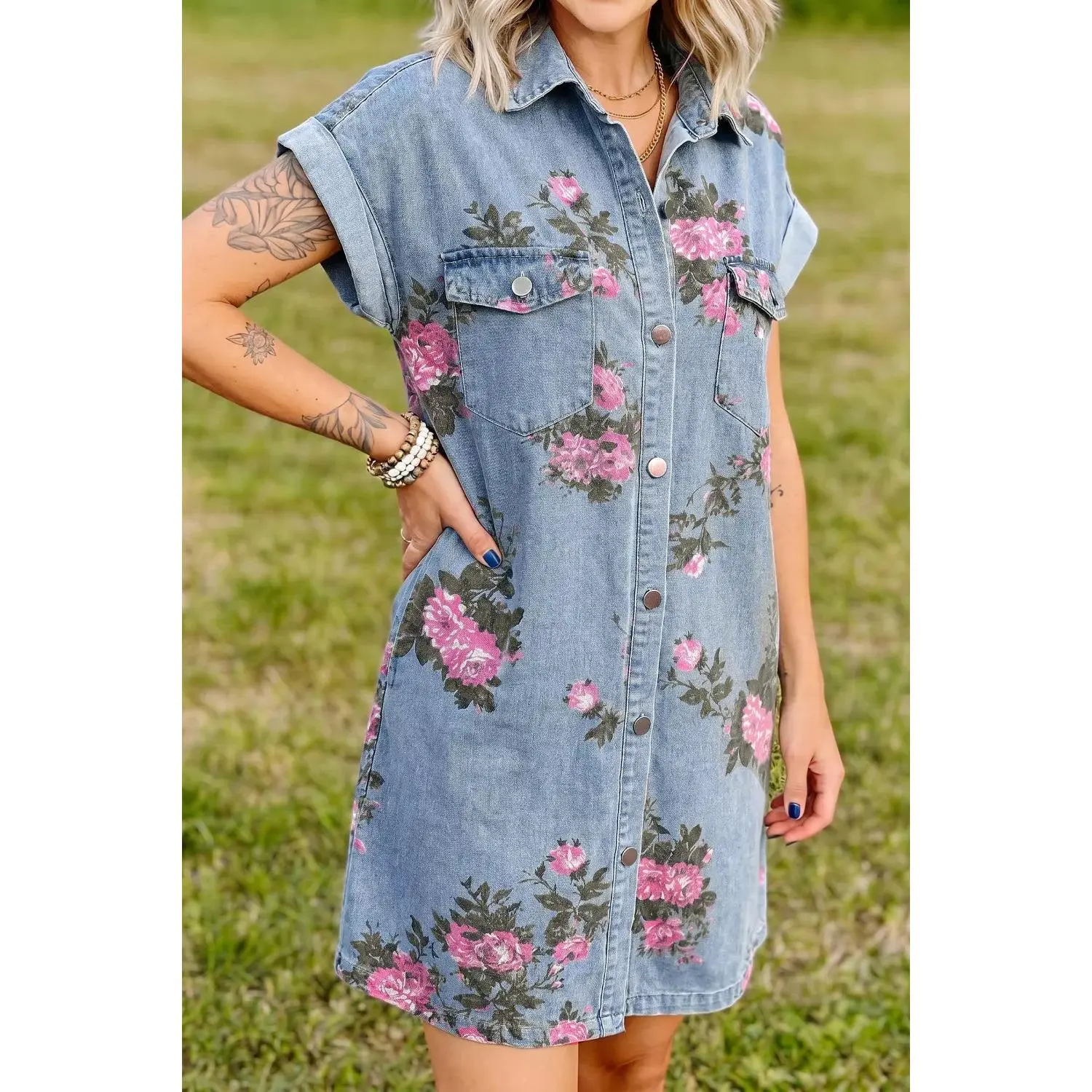 Floral Print Denim Shirt Dress