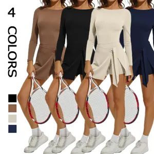 Women’s Stylish Activewear 2-in-1 Sporty Plain Tie Front Split Hem Slim Fit Workout Jumpsuit, Long Sleeve Round Neck Sports Clothes for Yoga, Available in S-XL