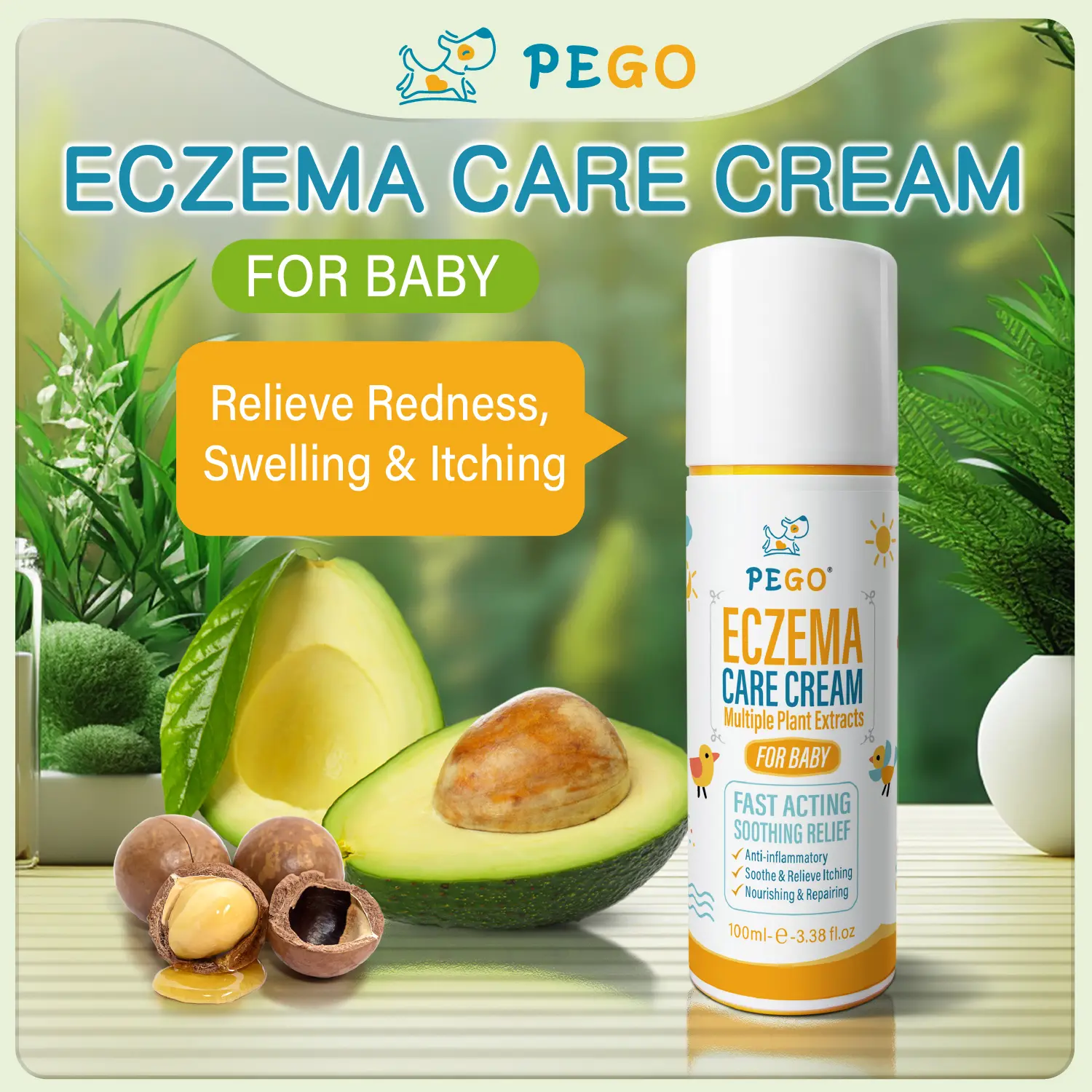 PEGO Baby Eczema Cream - Multi-Purpose Baby Eczema Cream, Soothing and Moisturizing Kids Body Cream, Relieves Skin Discomfort, Natural Skin Care Cream, Suitable for Sensitive Skin, Dry Skin, Rashes, and Irritation, 3.38 oz.