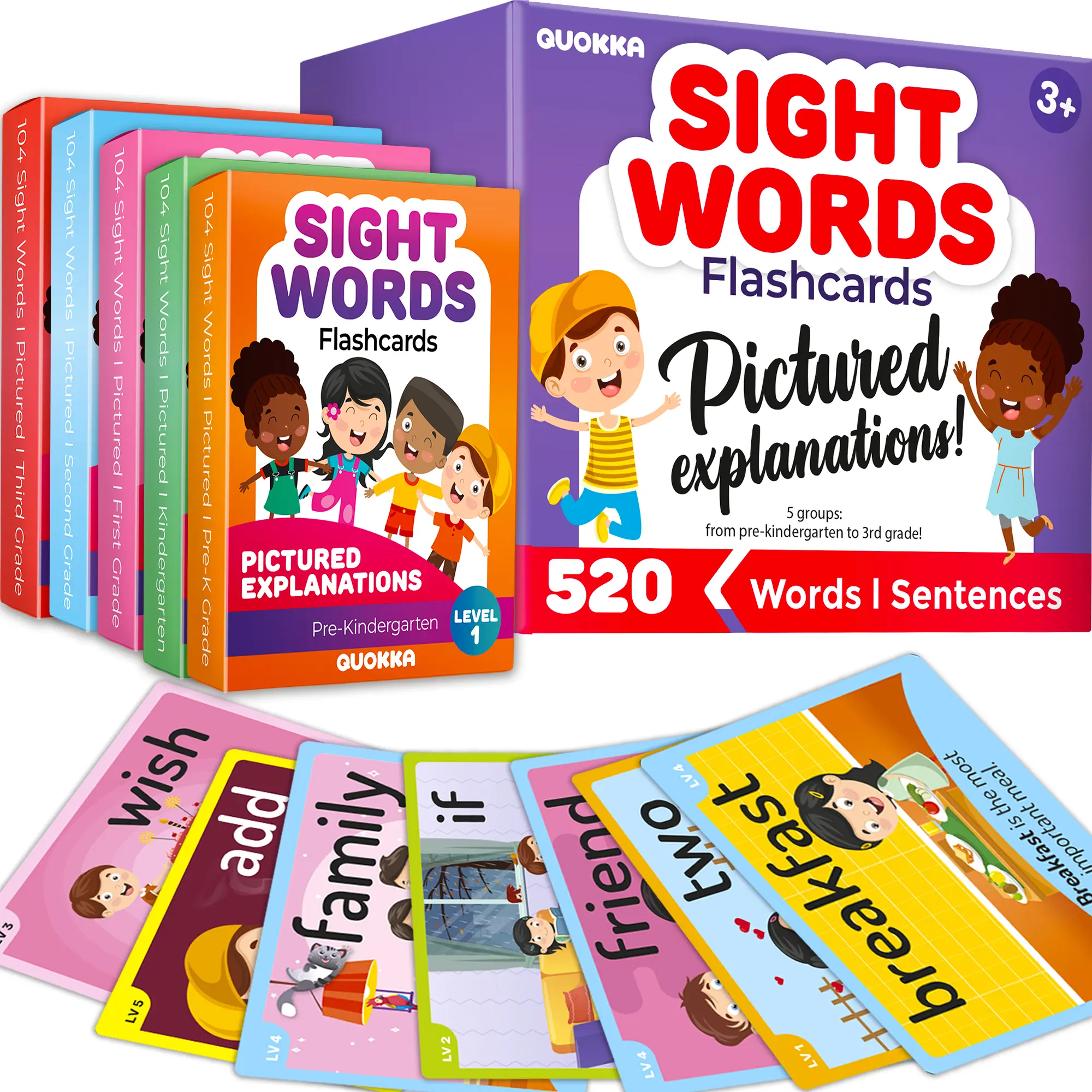 QUOKKA Sight Word Flash Cards for Kids Ages 4-8, 520-Count Vocabulary Flash Cards Set, Kindergarten Learning Toy with Color-Coded Images & Sentences to Boost Reading Fluency, Sight Word Flashcards, Vocabulary Flashcards Set