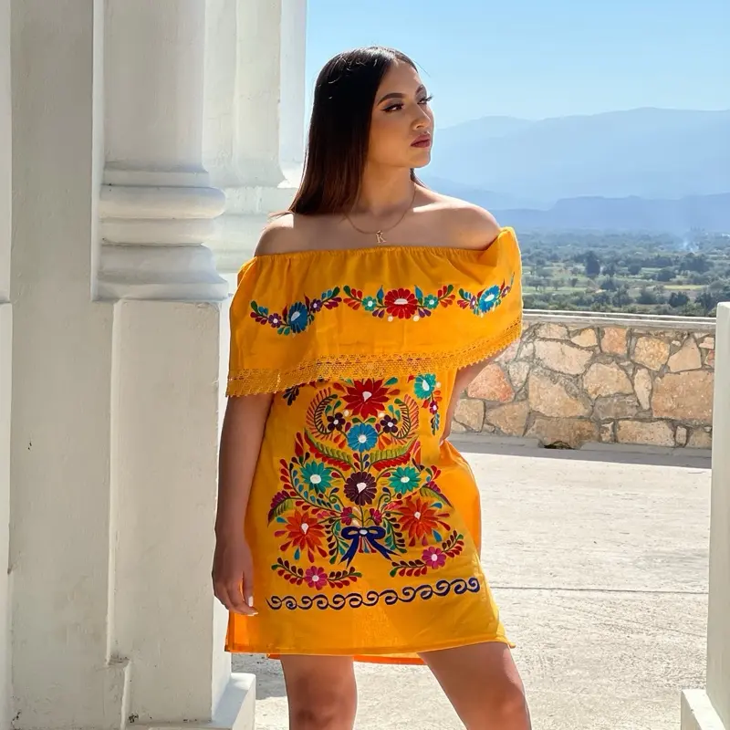 Vestido Amarillo Campesino Summer Casual Embroidered Women's Dress - Womenswear