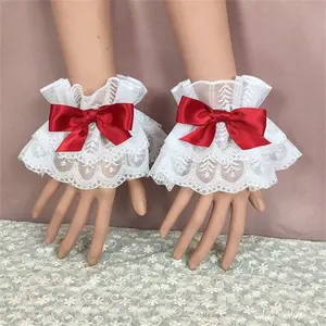 Hand Sleeve Wrist Cuffs with Sweet Ruffled Lace Accent, Multicolor Bowknot Maid Cosplay Bracelet for Wedding Party Accessories