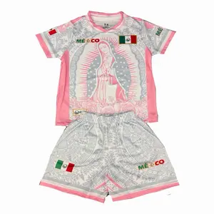 Virgencita Soccer Set Grey & Light Pink Unisex Jersey & Shorts Mexico Flag Design for Fans San Juditas