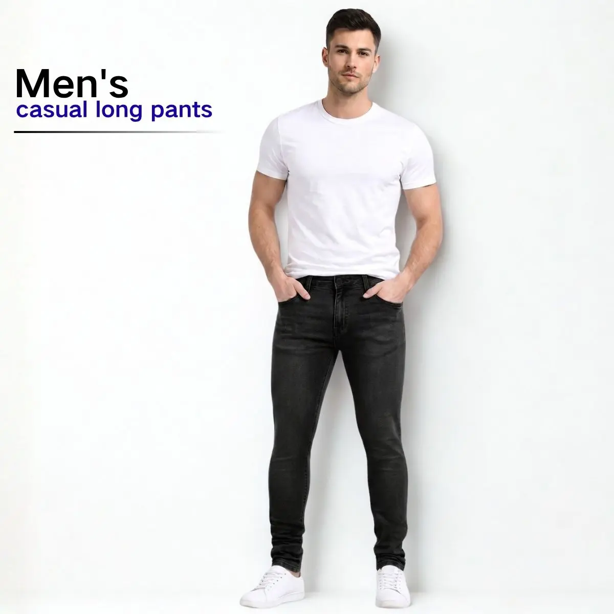 Men's Korean-Style Colorblock Jeans, Slim-Fit Cotton Denim with a Tight Silhouette for Casual Everyday Streetwear, Button Front, Fitted, Pocket