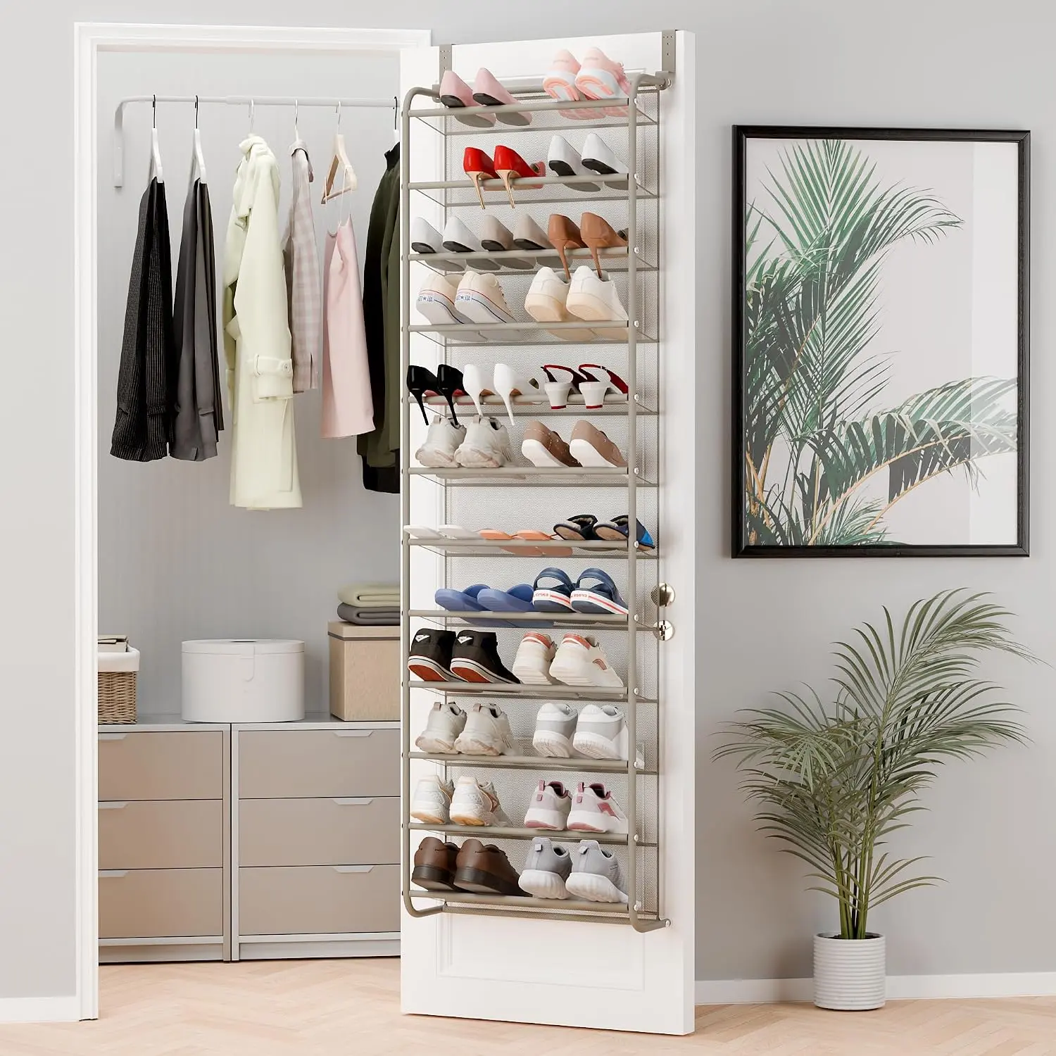 Whitmor 36 Pair Over The Door Shoe Organizer, 12 Tier Hanging Shoe Organizer, Heavy Duty Metal & Mesh Shoe Holder, Hanging Shoe Rack for Closet Organizer & Storage, 74" L x 21.7" W x 7.5" H,,dorm essentials,home decor